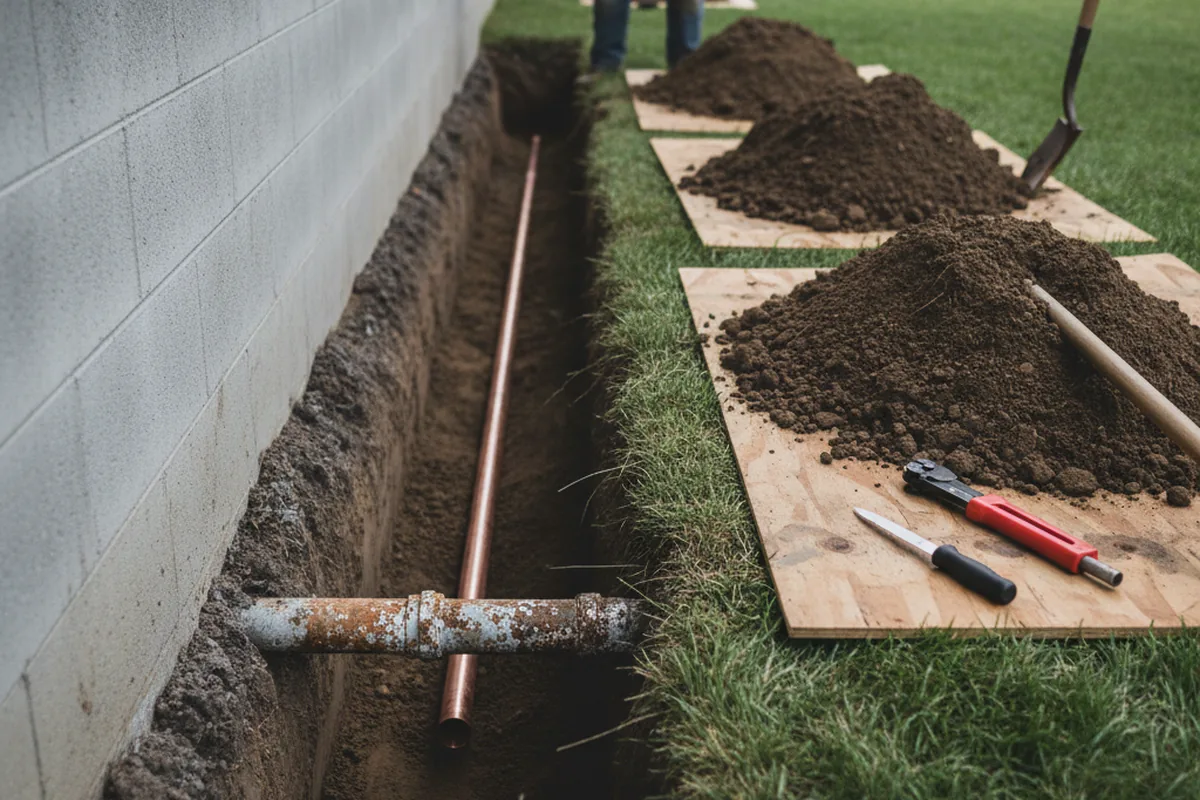 Excavated water line trench during Sewer Line Repair in Yancey